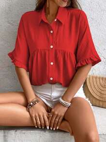 Breezaya Áo sơ mi nữ tay ngắn cài nút phía trước bèo nhún cho trang phục thường ngày năm mới - Đỏ - Xem 6