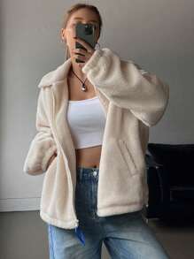 DAZY 女士秋冬宽松休闲翻领落肩长袖抓绒外套，保暖内衬女式大衣 - 米色 - 查看 10