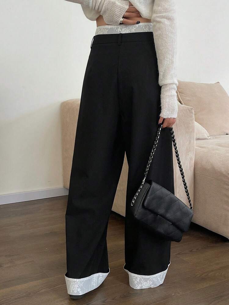 Women's Casual Patchwork Colorblock Wide Leg Pants With Pockets Business Attire