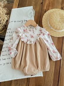 SHEIN LMoss Kids LMoss Baby Girl Newborn Baby Girl Ditsy Floral Bodysuit, Knitted Ruffle Collar Corduroy Patchwork One-Piece Outfit For Holiday & Party - Apricot - View 7