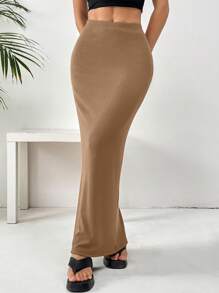 SHEIN EZwear 女款针织紧身及膝裙 - 駝色 - 查看 6
