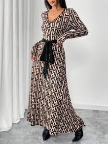 Mulvari Women's Geometric Print V-Neck Long Sleeve Knotted Waist Maxi Casual Arabian Style Modest Dress
