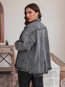 SHEIN LUNE Áo khoác denim tay dài cài nút phía trước cỡ lớn thường ngày - Xám - Xem 4