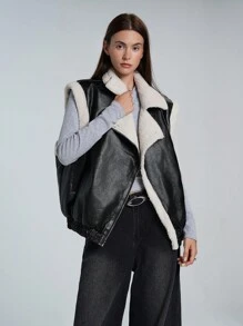 LYSMO Veste régulière à col duveteux patchwork pour femme, automne-hiver - Multicolore - Voir 3