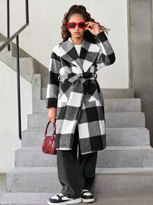Tween Girl Black And White Check Buffalo Plaid Print Waterfall Collar Long Overcoat,Suitable For Travel, School, Daily Gatherings, Autumn And Winter - Black and White - View 2