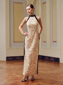ZEYLAH SEQUINS COLORBLOCK HALTER NECK LONG DRESS - Champagne - View 4