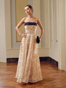 ZEYLAH Vestido tubo sin cinturón con bloques de color y aplicaciones de lentejuelas en malla - Dorado - Ver 6