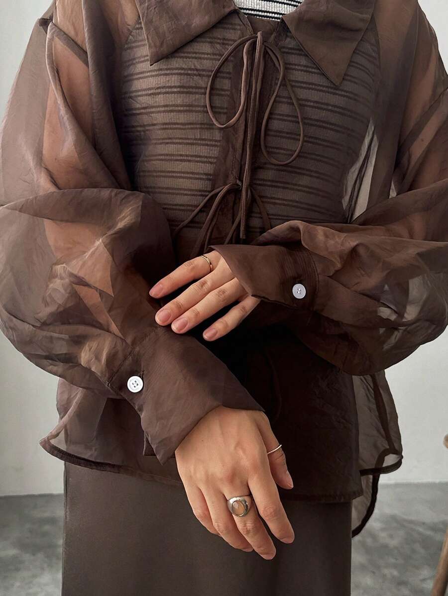 FRIFUL Women's Solid Color Front Tie Long Sleeve Casual Blouse,Fall Clothes - Brown - View 1