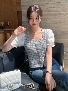 DAZY 女式撞色短袖前扣简约休闲格纹衬衫 - 藍色 - 查看 3