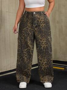 Plus Size Button Front Pocket Leopard Print Denim Jeans, Casual Daily Wear