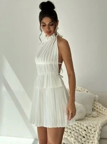 Firerie 2pcs/Set Women Summer Elegant Back-To-School Commute Vacation Street Fashion Halter Pleated Backless Tie Tank Top And High Waist Pleated Mini Skirt