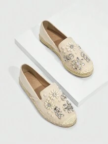 Styleloop Damen schwarze Perlenblumen- und Strass-Dekorations-Seil-Boden Fischer-Flachschuhe für Sommer, Weihnachten, Herbst, Neujahr, Valentinstag