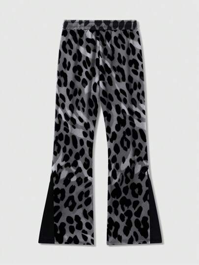 Street Life Men's Leopard Print Patchwork Contrast Color Flare Hem Sweatpants, Retro Streetwear