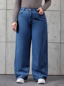 SHEIN Cottnline Women's Solid Color Simple Style Plus Size Jeans - Medium Wash - View 1