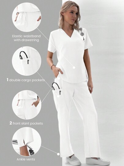 TaskEZ 1set Women Nurse Uniform Scrub Set With 1 Pocket V-Neck Top + 4 Pockets Drawstring Back Elastic Pants Set