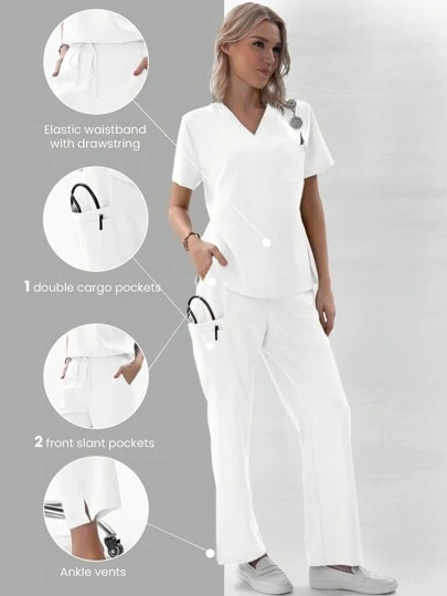 TaskEZ 1 conjunto de uniforme de enfermera para mujeres con 1 bolsillo, top en escote en V + pantalones con 4 bolsillos, cordón y elástico en la espalda