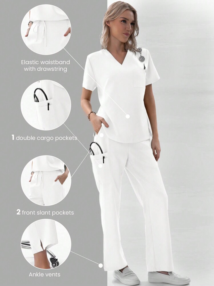 TaskEZ 1set Women Nurse Uniform Scrub Set With 1 Pocket V-Neck Top + 4 Pockets Drawstring Back Elastic Pants Set - White - View 1
