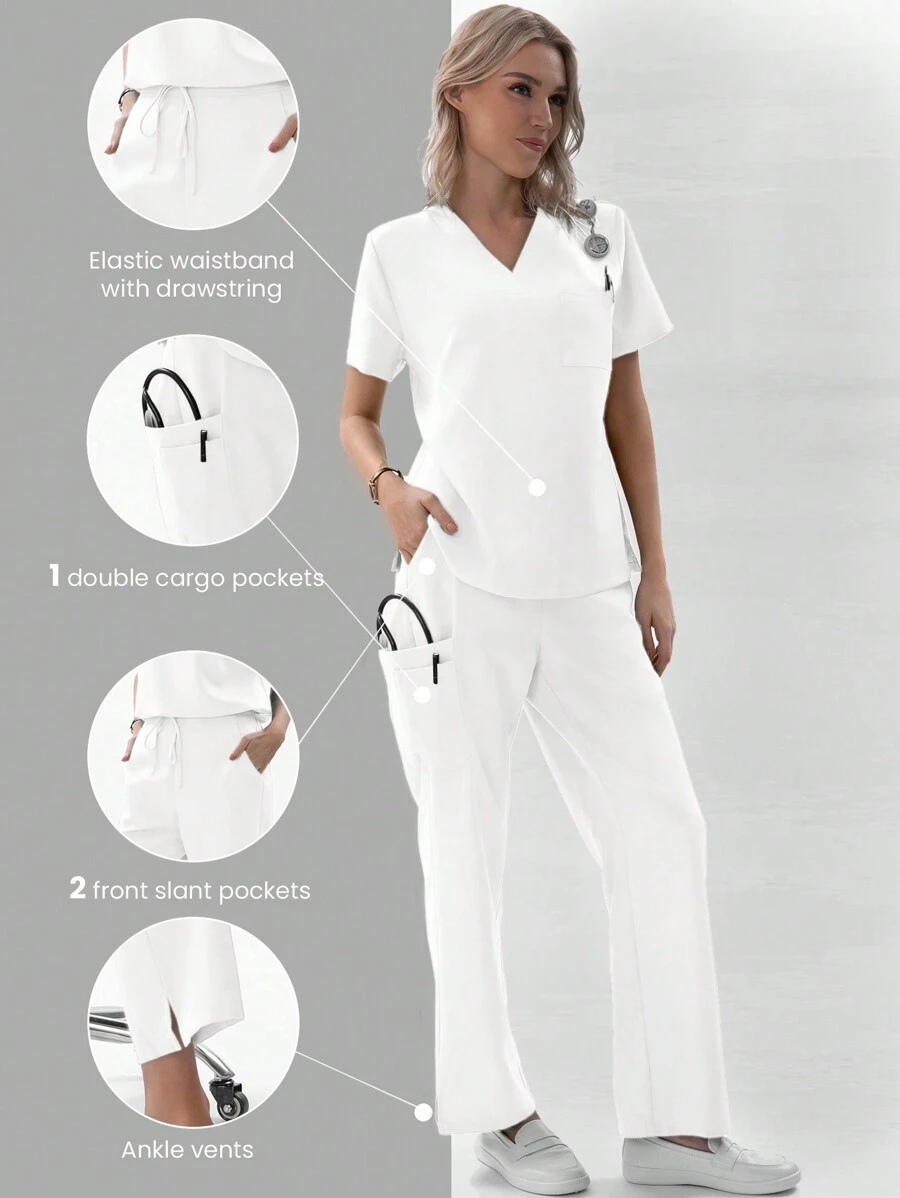 TaskEZ 1set Women Nurse Uniform Scrub Set With 1 Pocket V-Neck Top + 4 Pockets Drawstring Back Elastic Pants Set - White - View 1