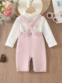 Baby Boys Knitted Bib Overalls, Soft & Elastic Material, Plain Color, Fashionable Casual Style, Suitable For Home, Daily Wear And Outings, Autumn/Winter Season