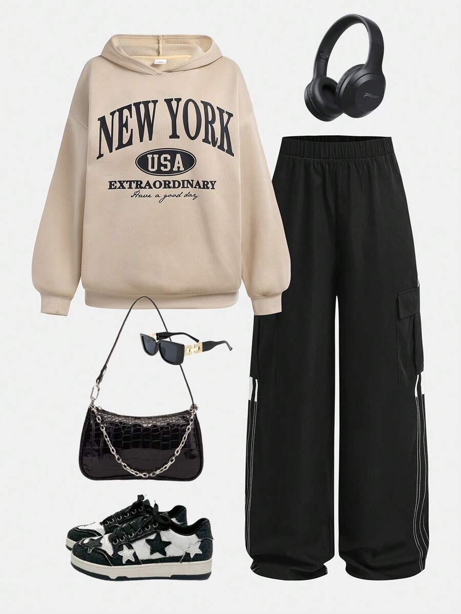 SHEIN Girlism 2 件装少女白色英式印花保暖内衬宽松连帽衫和加长裤套装，加厚 - 杏色 - 查看 1