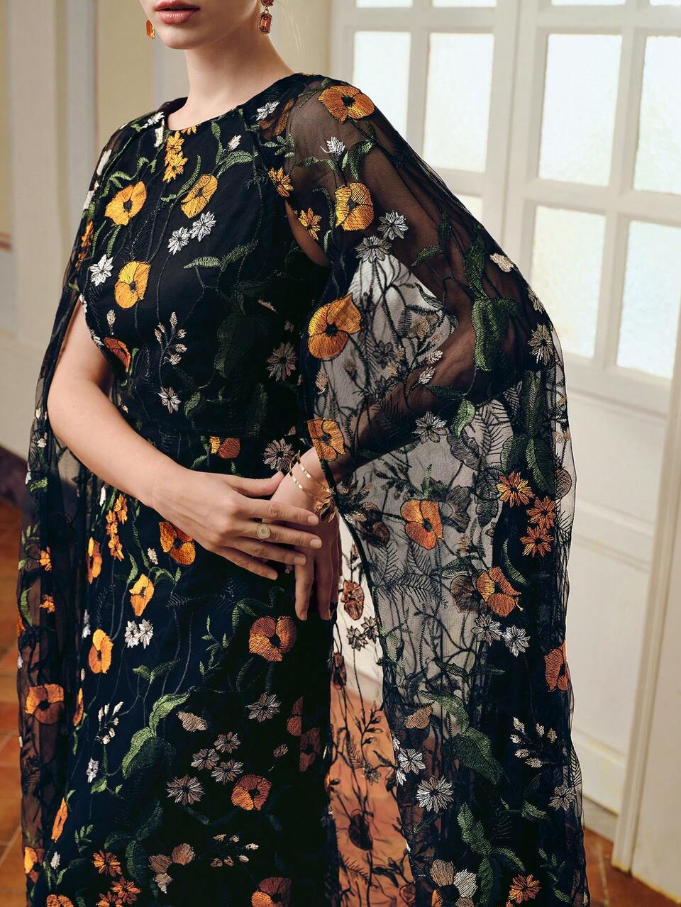 ZEYLAH EMBROIDERY MESH FLORAL PATTERN EXTRA SPLIT SLEEVE LONG DRESS