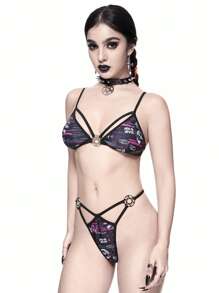 ROMWE Goth Floral Print Harness Triangle Cut Out Beach Bikini Set, Halloween - Multicolor - View 3