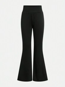 2sets Tween Girl Basic Grey & Black Long Sleeve Knit Top & High Waist Flare Knit Pants Sets