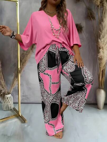 2pcs Plus Size Women Solid Color Blouse & Printed Pants Set
