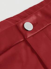 SHEIN MOD 加大码黑色纯色设计拼布侧袋仿皮直筒裤，适合冬季 - 紅色 - 查看 3