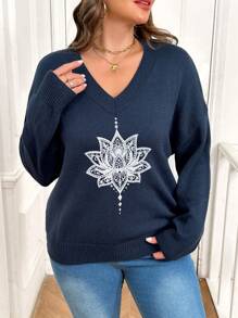 SHEIN LUNE Pulover cu mânecă lungă, cu decolteu în V, cu imprimeu floral, pentru femei de mărime mare, toamnă - Albastru marin - Vizualizare 2