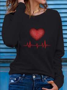 INAWLY Damen Lässig Langarm Rundhals T-Shirt mit Herzschlag-Elektrokardiogramm-Muster, grafisches Oberteil für Frühlings-Outfit