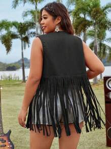 Calvaya Plus Size Women Western Style Open Front Tassel Decorated Vest Winter Fall Autumn - Black - View 2