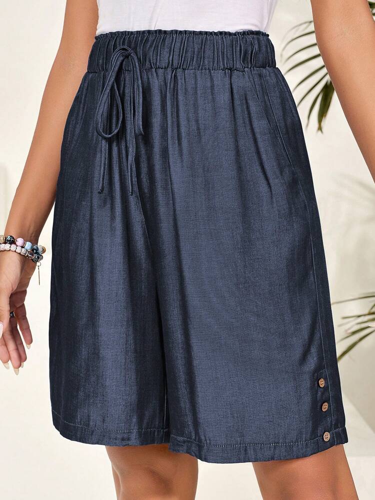Women's Solid Color Waist Tie Pocket Loose Casual Shorts