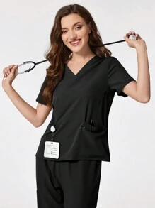 TaskEZ 纯色 V 领短袖制服手术服上衣 - 黑色 - 查看 7
