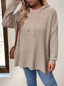 Plus Size Hooded Loose Pullover Sweater For Women, For Winter Knit Pullover Fall - Khaki - View 3