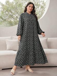 Al Najma Plus Size Ditsy Floral Lantern Sleeve Long Dress For Spring & Autumn, For Summer - Black and White - View 4
