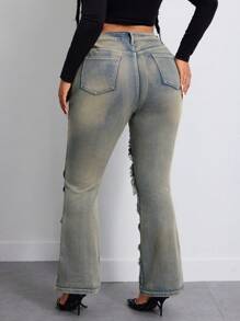 Plus Size Distressed Denim Wide Leg Jeans Fall Women Clothes - Light Wash - View 4