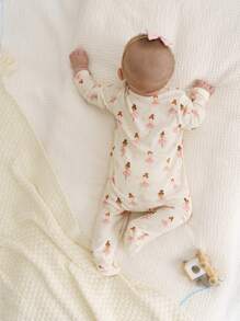 Cozy Pixies Newborn Baby Girl Ballet Pattern Knitted Soft Round Neck Long Sleeve Footed Romper 2pcs Set Graphic