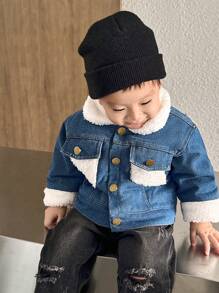 SHEIN 男婴翻盖口袋细节博格领保暖内衬加厚牛仔夹克秋冬，2024 冬季系列，简约而时尚，防风，舒适 - 藍色 - 查看 6