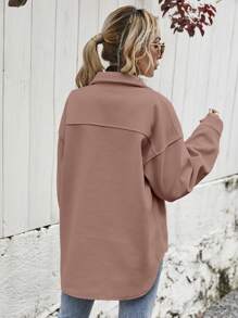 SHEIN Frenchy 女士纯色落肩长袖实用口袋休闲针织夹克秋冬季 - 粉色 - 查看 2