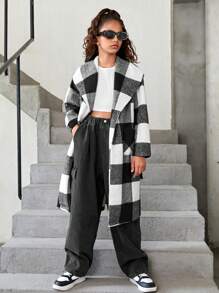 Tween Girl Black And White Check Buffalo Plaid Print Waterfall Collar Long Overcoat,Suitable For Travel, School, Daily Gatherings, Autumn And Winter - Black and White - View 8