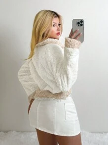 SHEIN Unity Damen Winter Flauschige & Spitze-Saum Kurze Jacke - Verschiedenfarbig - Übersicht 2