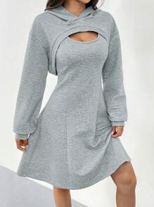 Chiquease 2pcs/Set Spring Summer Casual Solid Color Hooded Cropped Top And Sleeveless Skirt - Grey - View 8