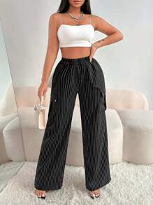 Zolique Striped Trousers With Thigh Pocket Detail Fall Cloth For Women - Black and White - View 1