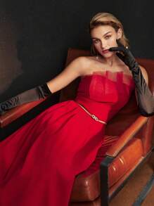 MOTF Soiréza WOMEN'S MESH RUFFLE TRIM FLARE HEM COCKTAIL PARTY TUBE DRESS - Burgundy - View 4