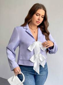 SHEIN Privé 大码女式优雅通勤校园风格迷人返校派对下午茶约会领结撞色短款纹理面料西装外套，秋冬 - 紫色 - 查看 6