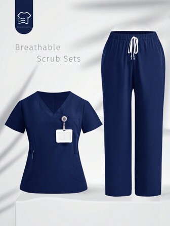 TaskEZ Plus Size Solid V-Neck Short Sleeve Top And Pants Uniform Scrub Set