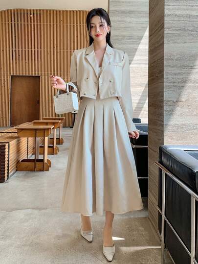 DAZY 女士纯色短款西装外套和A字裙套装，两件套，秋季商务装