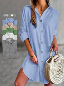 Elva 女士纯色前扣休闲宽松大码衬衫裙，春夏款 - 查看 7