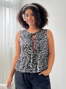 SHEIN EZwear Áo len cardigan dệt họa tiết da báo không tay cỡ lớn cho nữ - màu đen - Xem 3